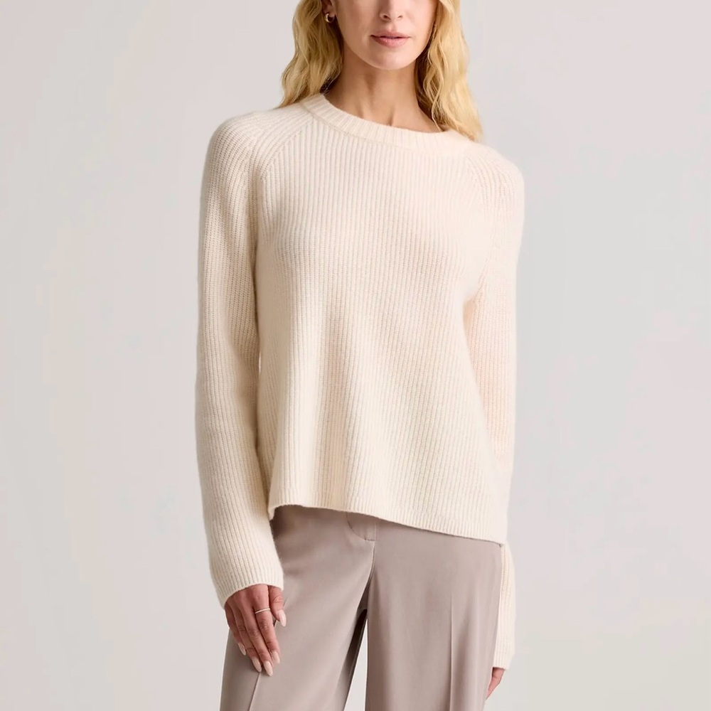 QUINCE Sz XL 100% Cashmere Fisherman Crew Sweater Ribbed Long Sleeve EUC Ivory